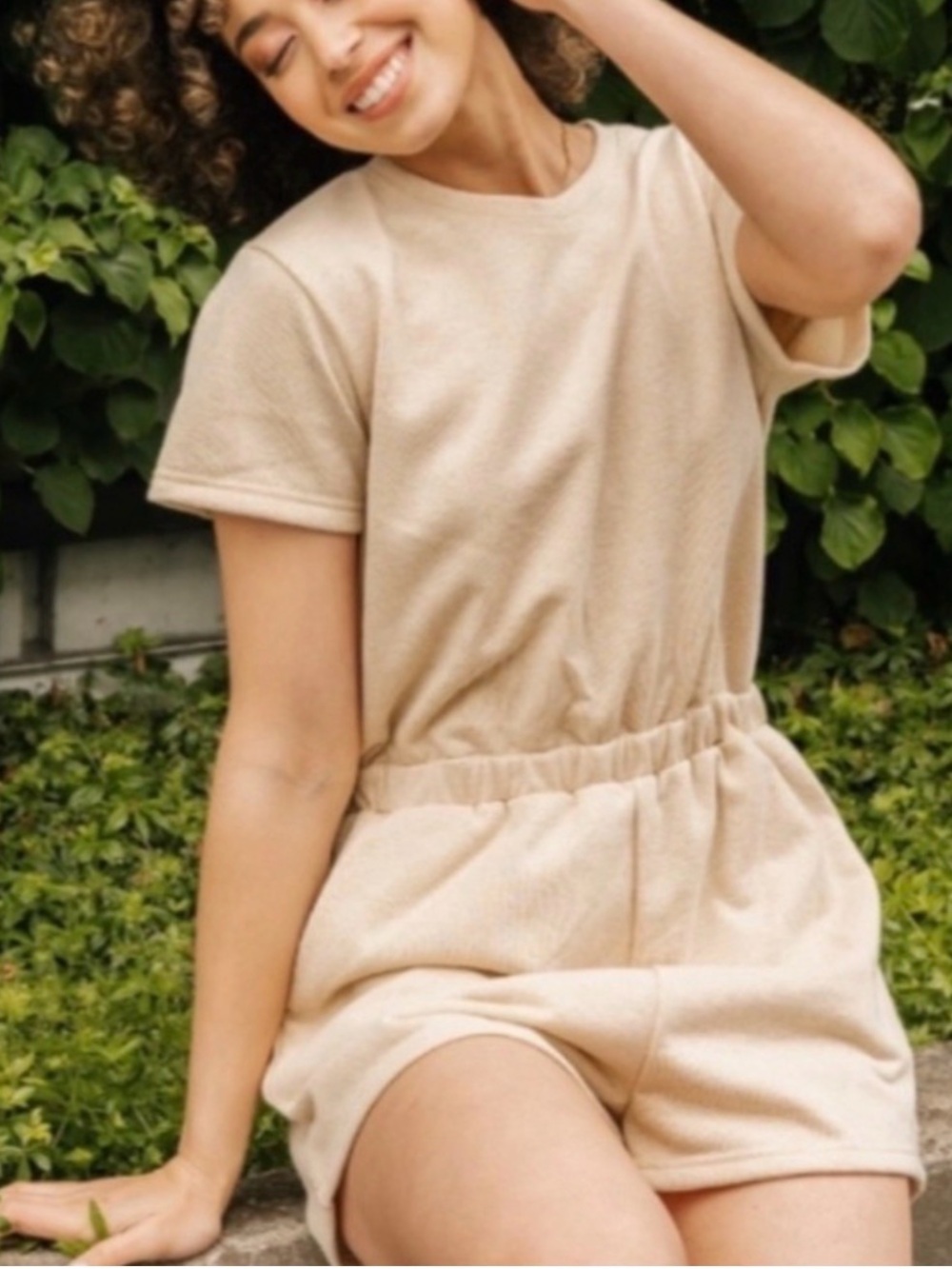 Smash and tess Beige Short Sleeve Elastic Waist Romper- natural shimmer